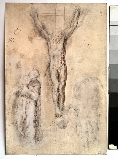Studie voor een kruisiging. Voorstelling van Christus aan het kruis met de Maagd en Sint Jan. Tekening door Michelangelo Buonarroti, bekend als Michelangelo door Michelangelo Buonarroti