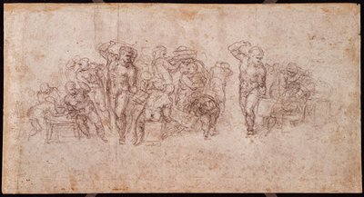 Studie van Figuren voor een Verhalende Scène (zwarte krijt op papier) (recto) door Michelangelo Buonarroti