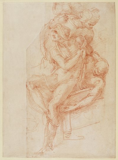 Studie van Lazarus en twee begeleidende figuren (rood krijt op papier) door Michelangelo Buonarroti