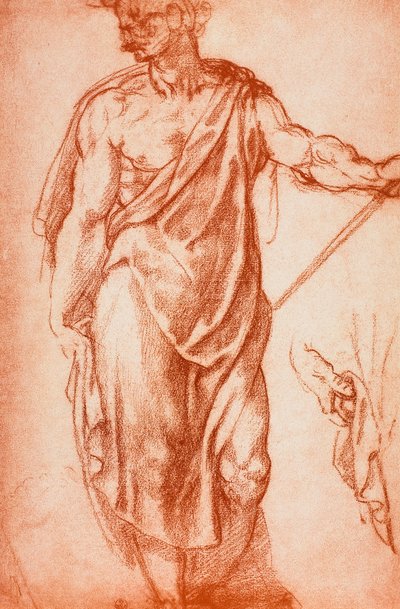 Studie van een gedrapeerde viriele figuur; tekening door Leonardo da Vinci. Gabinetto dei Disegni e delle Stampe, Uffizi Gallery, Florence door Michelangelo Buonarroti