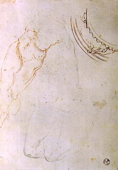 Studie van een liggende figuur met gekruiste benen en een ontwerp voor een lunet met een figuur die een trap opgaat door Michelangelo Buonarroti
