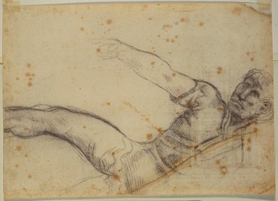 Studie van niet-authentieke figuur en inscriptie door Michelangelo Buonarroti