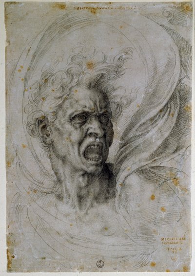 Studie van het hoofd van een schreeuwende man. Tekening door Michelangelo Buonarroti, bekend als Michelangelo. Florence, Uffizi Museum door Michelangelo Buonarroti