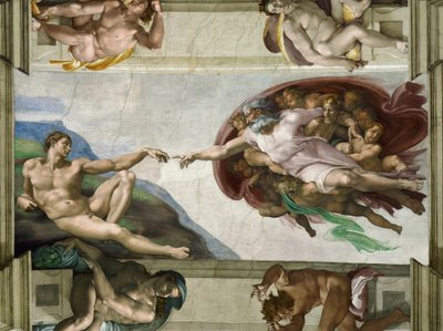 De schepping van Adam, plafond van de Sixtijnse Kapel in het Vaticaan, 1508-1512 door Michelangelo Buonarroti
