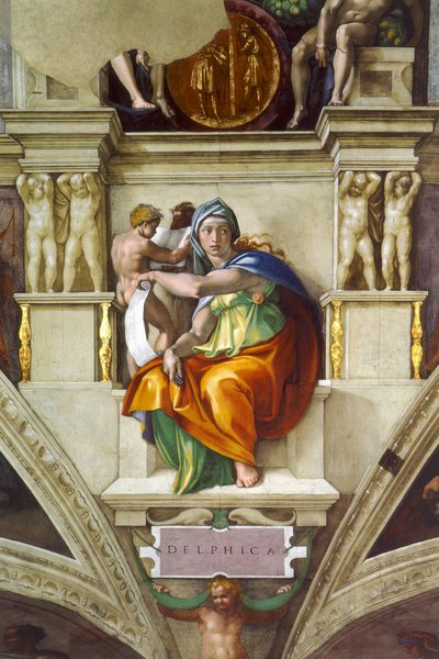 De Delphische Sibylle Sixtijnse Kapel plafond in het Vaticaan, 1508-1512 door Michelangelo Buonarroti