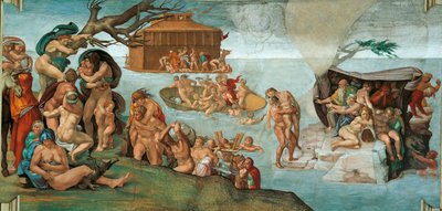 De zondvloed, Sixtijnse Kapel plafond in het Vaticaan, 1508-1512 door Michelangelo Buonarroti