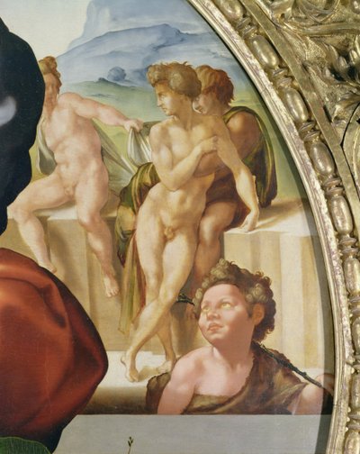 De Heilige Familie met St. Johannes (Doni Tondo) met naakte figuren op de achtergrond door Michelangelo Buonarroti