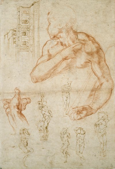 Verschillende Studies voor het Sixtijnse Plafond en het Graf van Paus Julius II, c1490-1560 door Michelangelo Buonarroti