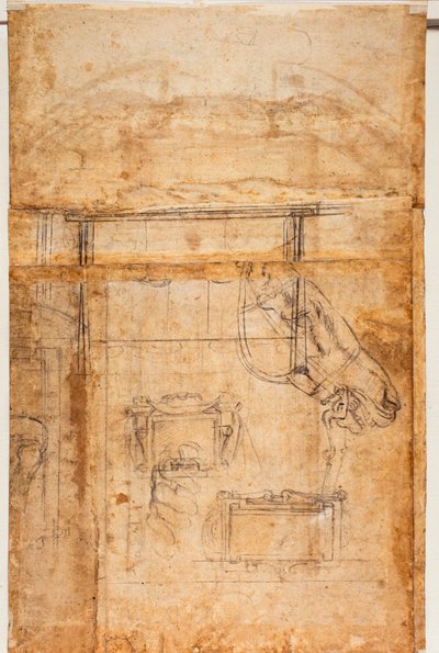 Verschillende studies van figuren en architectuur door Michelangelo Buonarroti