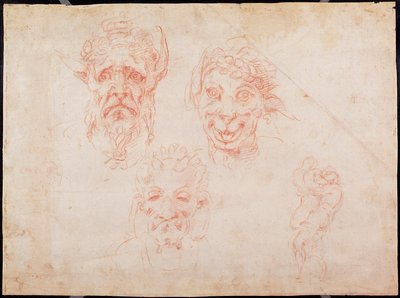 W.33 Schetsen van satersgezichten (rode krijt op papier) door Michelangelo Buonarroti