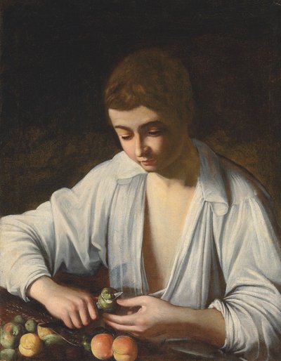 Een jongen die fruit schilt door Michelangelo Merisi Caravaggio