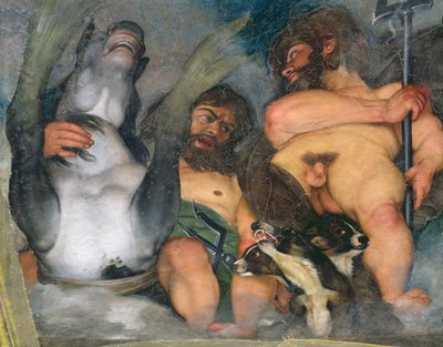 Allegorie van de Elementen, het Universum en Tekens van de Dierenriem, detail van Neptunus en Triton met Cerberus, de driehoofdige hond (detail) door Michelangelo Merisi Caravaggio