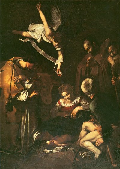 Geboorte met St. Franciscus en St. Laurentius, 1609 door Michelangelo Merisi Caravaggio