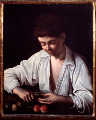Een jongen die een vrucht schilt door Michelangelo Merisi da Caravaggio