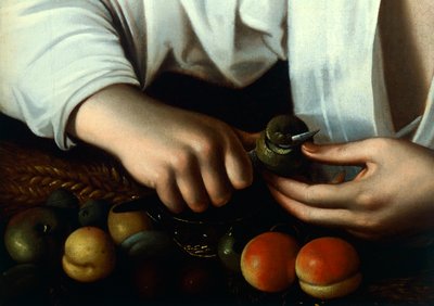Jongen die fruit schilt (detail) door Michelangelo Merisi da Caravaggio