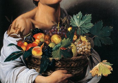 Jongen met een mand fruit (detail) door Michelangelo Merisi da Caravaggio