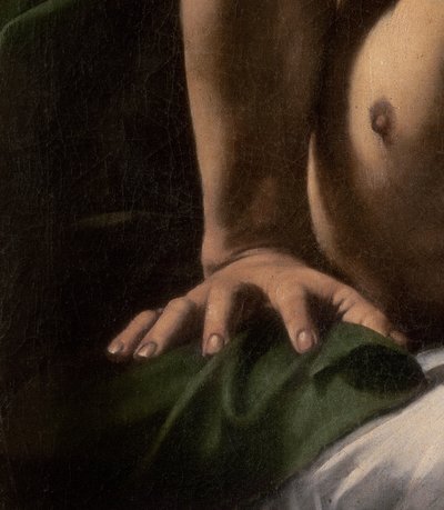 (detail) van de hand van de generaal uit Judith en Holofernes, 1599 door Michelangelo Merisi da Caravaggio