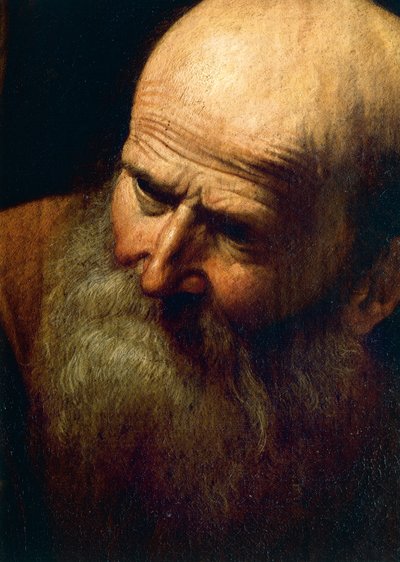 Gezicht van Abraham (detail) door Michelangelo Merisi da Caravaggio