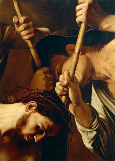 Gezicht van Christus, De Kroning met Doornen (detail) door Michelangelo Merisi da Caravaggio