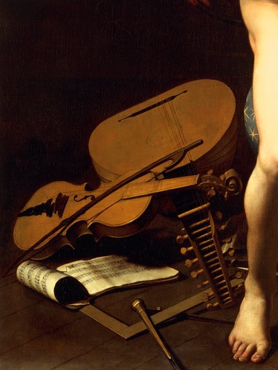 Voorstelling van muziekinstrumenten, detail van Amor Victorious, c.1602 door Michelangelo Merisi da Caravaggio