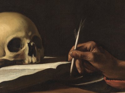 Sint Hiëronymus schrijvend (detail) door Michelangelo Merisi da Caravaggio