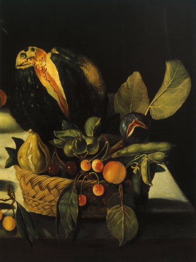Stilleven met bloemen en fruit, door Meester van het Hartford Stilleven, c.1600-10 (detail) door Michelangelo Merisi da Caravaggio