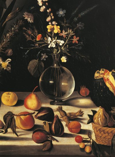 Stilleven met bloemen en fruit, door Meester van het Hartford Stilleven, ca. 1600-10 (detail) door Michelangelo Merisi da Caravaggio