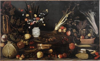 Stilleven met bloemen en fruit door Michelangelo Merisi da Caravaggio