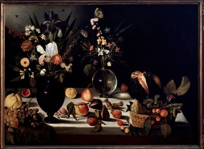 Stilleven met bloemen en fruit door Michelangelo Merisi da Caravaggio