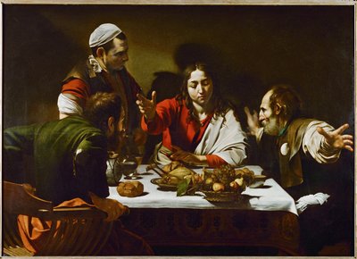 Emmaüsgangers ... (olieverf op doek) door Michelangelo Merisi da Caravaggio