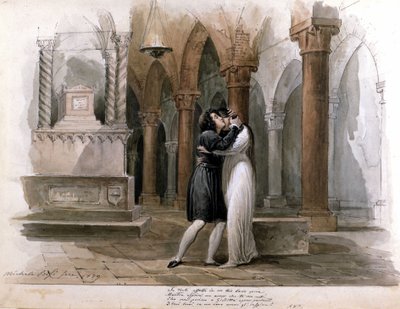 I Capuleti e i Montecchi door Vincenzo Bellini, uitvoering in het Fenice Theater in Venetië. Giuditta Pasta en Giulia Grisi spelen Romeo en Julia. Aquarel door Michele Bisi door Michele Bisi