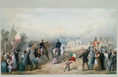 Triomfantelijke intocht van koning van Sardinië Vittorio Emanuele II en Napoleon III in Milaan op 8 juni 1859 door Michele Bisi