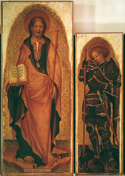 Sint Jacobus met heiligen, detail van Sint Jacobus en Sint Michaël de Aartsengel, ca. 1450 (detail) door Michele Giambono