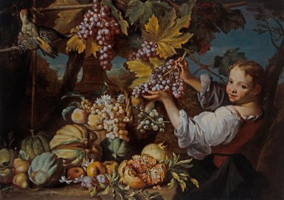 Een jong meisje dat een tros druiven aanbiedt met een stilleven van fruit door Michele Pace del Campidoglio
