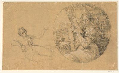 Tondo met Heilige Familie; daarnaast een studie van een liggende vrouw door Michele Sangiorgi (possibly)