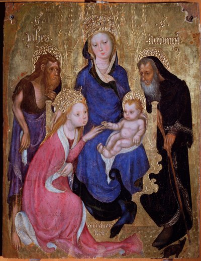 Het mystieke huwelijk van Sint-Catharina met de heiligen Johannes de Doper en Antonius van Egypte - Schilderij, circa 1420 door Michelino Molinari da (attr. to) Besozzo