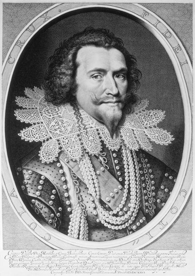 Portret van George Villiers, 1e Hertog van Buckingham (1592-1628) gegraveerd door Willem Jacobsz. Delff (1580-1638) 1626 door Michiel Jansz van Miereveld