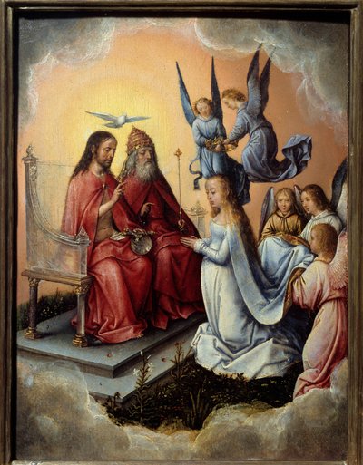 De kroning van de Maagd. De maagd gezegend door de drie-eenheid (God, Christus en de Heilige Geest) boven haar, engelen leggen de kroon op haar hoofd. Schilderij door Michel Sittow (1468-1525) door Michiel Sittow