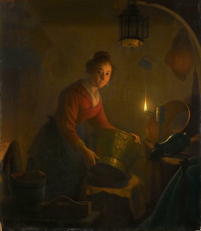 Een vrouw in een keuken bij kaarslicht door Michiel Versteegh