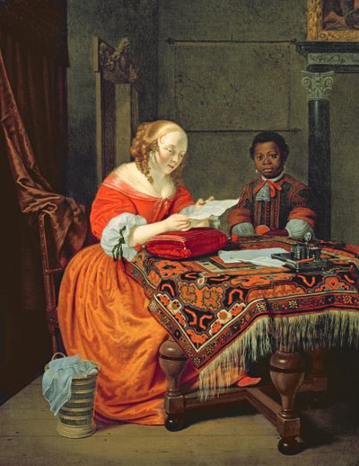 Een vrouw die een brief leest met een zwarte bediende, 1670 door Michiel van Musscher