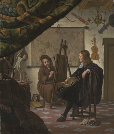 Een zelfportret van de kunstenaar in zijn atelier door Michiel van Musscher