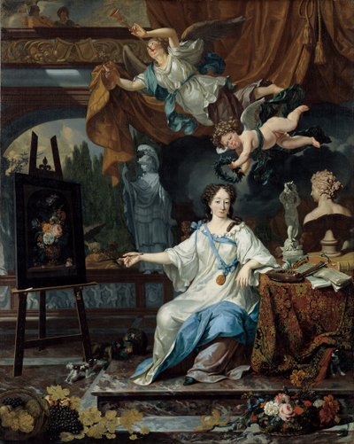 Allegorisch portret van een kunstenaar in haar atelier, ca. 1675-1685 door Michiel van Musscher