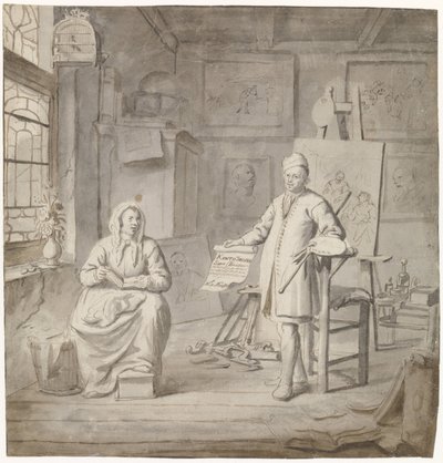 Schilder Michiel Comans en zijn derde vrouw Elisabeth van der Mersche in het atelier door Michiel van Musscher