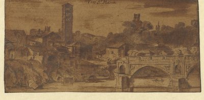 Gezicht op de S. Maria in Cosmedin, de Vesta tempel en de Ponte S. Maria te Rome door Michiel van Overbeek