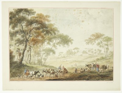 Landschap met herders en herderinnen. Op de achtergrond een boerderij door Michiele Marieschi
