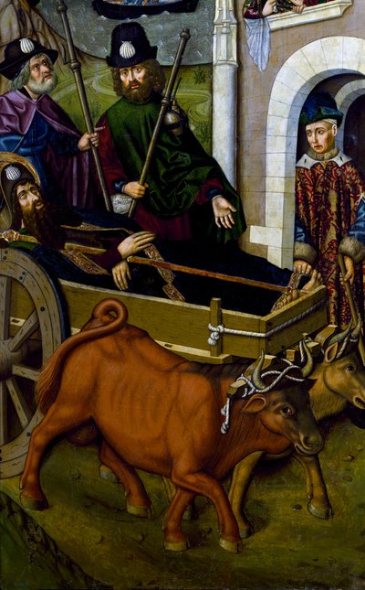 Lichaam van Sint Jacobus arriveert in Galicië (detail) door Miguel (school of) Ximenez