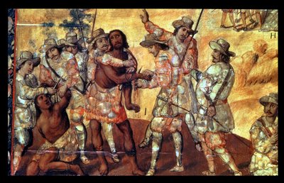 Detail van de Conquistadores die de handen van twee spionnen van Xicotencatl afhakken door Miguel Gonzalez