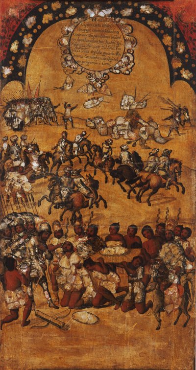 De verovering van Mexico, paneel II, ca. 1696-1715 door Miguel Gonzalez