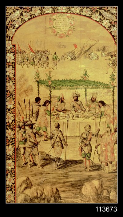 De verovering van Mexico: Hernando Cortes beveelt de vernietiging van de schepen en ontmoet de ambassadeurs van Montezuma in 1520 door Miguel and Juan Gonzalez