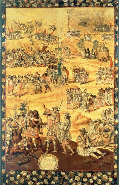 De ontmoeting tussen Hernando Cortes (1485-1547) en Montezuma (1466-1520), paneel uit de verovering van Mexico door Miguel and Juan Gonzalez